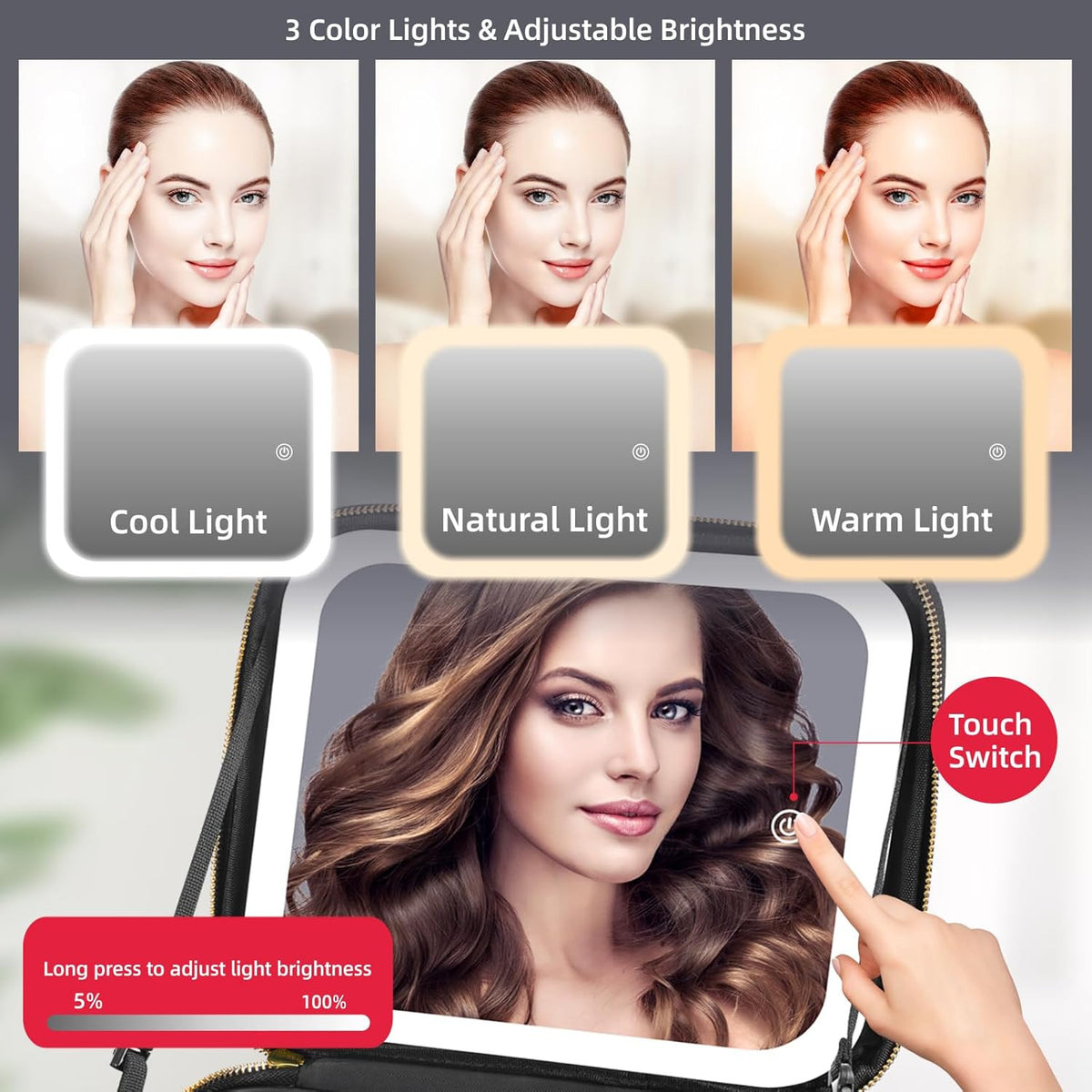 Portable Makeup Organizer with LED Mirror 10x Magnification and Adjustable Dividers
