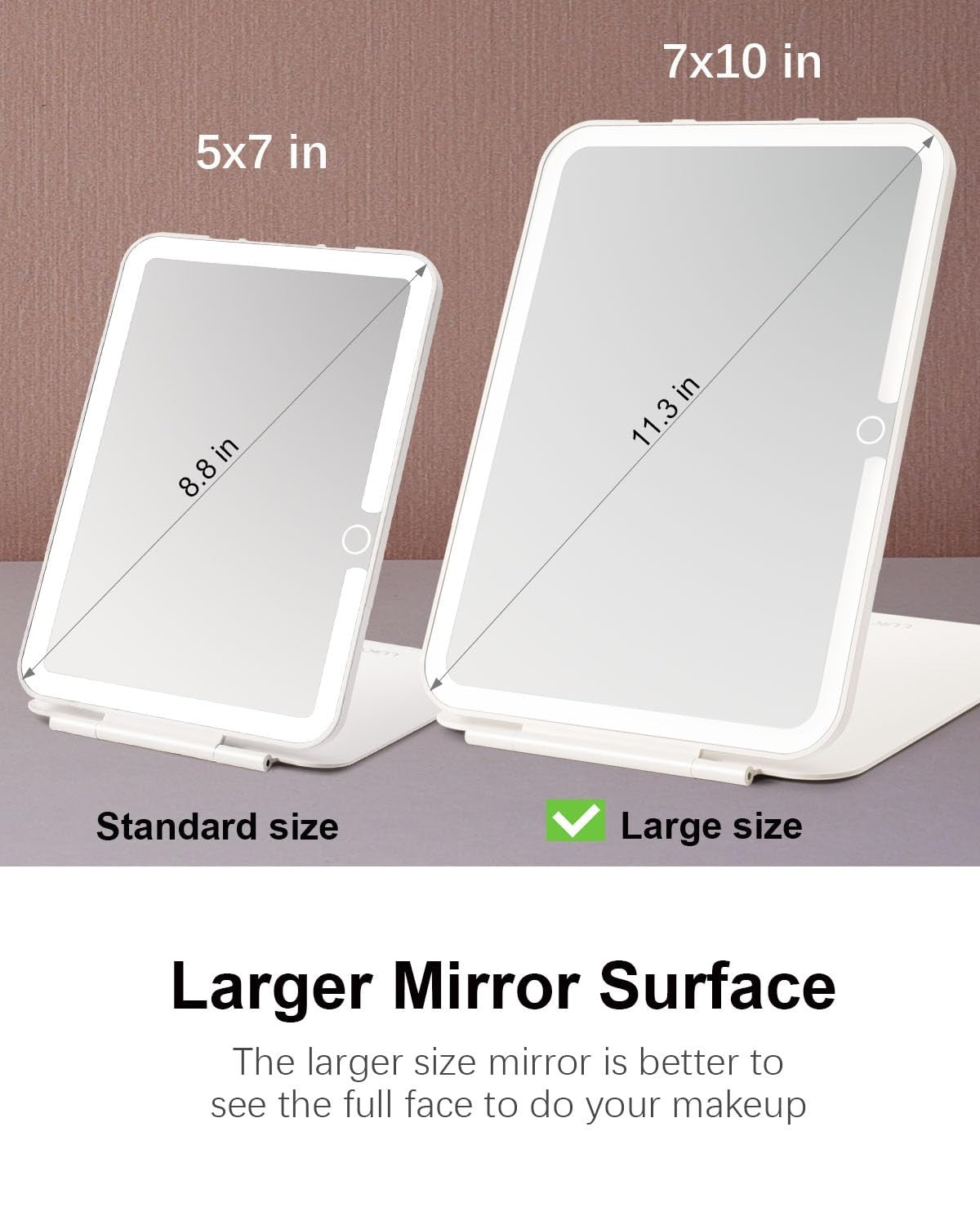 Lighted Makeup Mirror with 10X Magnification, 10x7 Inch Travel Vanity with 3 Dimmable LED Colors