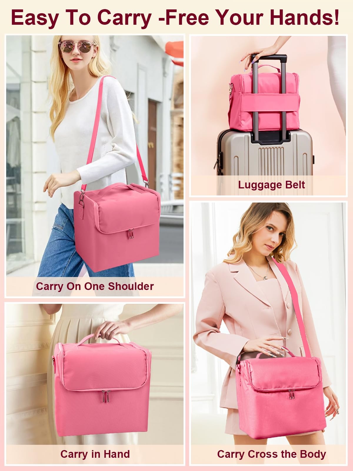 Large Pink Makeup & Nail Polish Organizer Bag 4-Tier Waterproof Travel