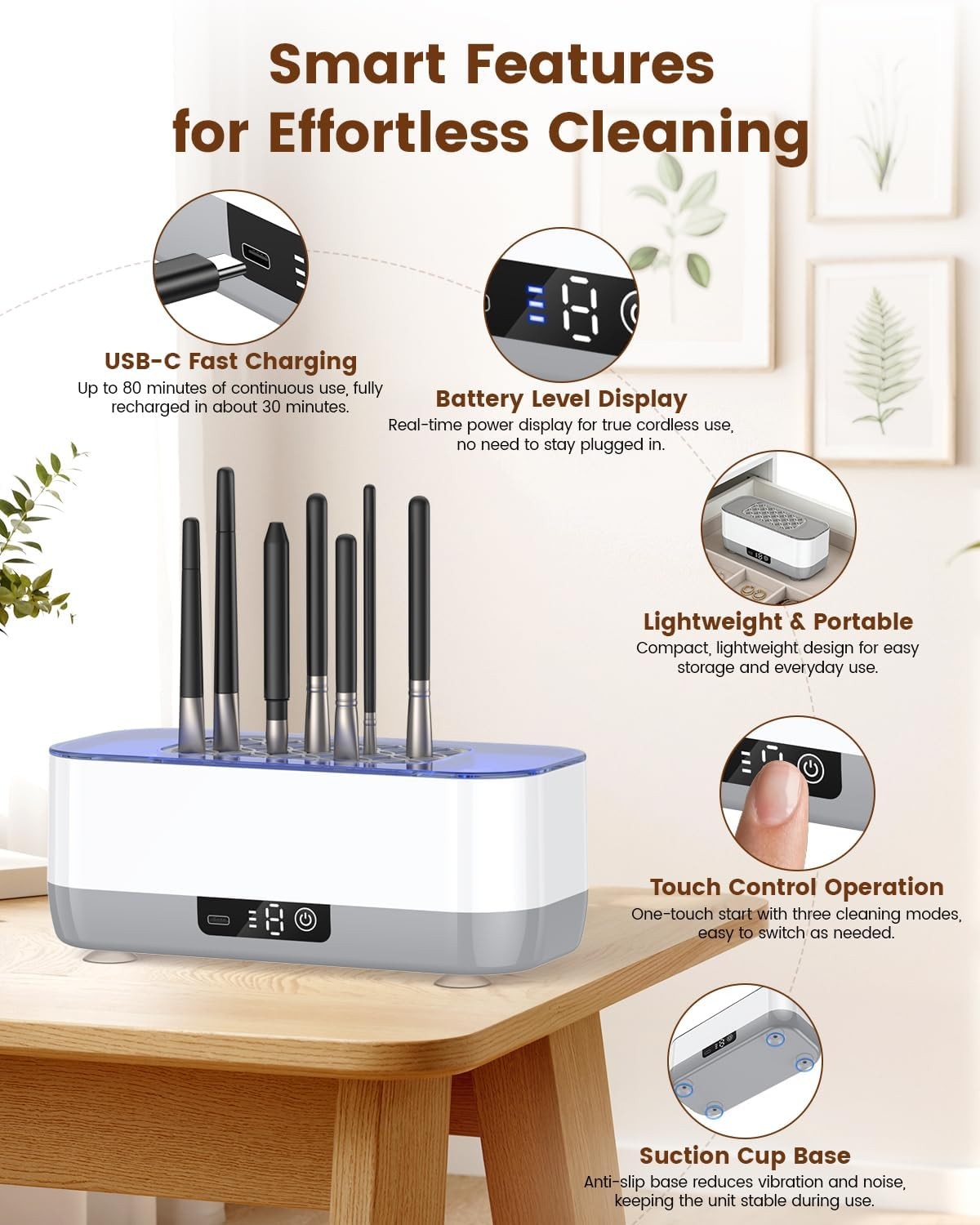 Ultrasonic Makeup Brush Cleaner Machine, 45KHz USB Rechargeable, 3 Timer Modes