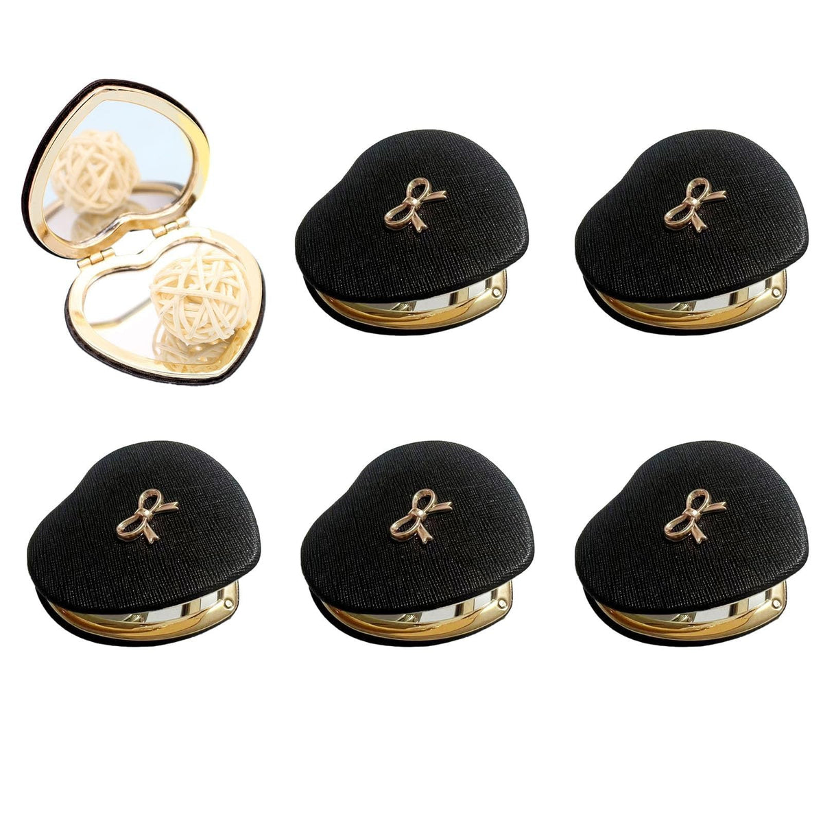 Mini Heart-Shaped Pocket Mirror Set - 6 Pack Black with Glitter Bow