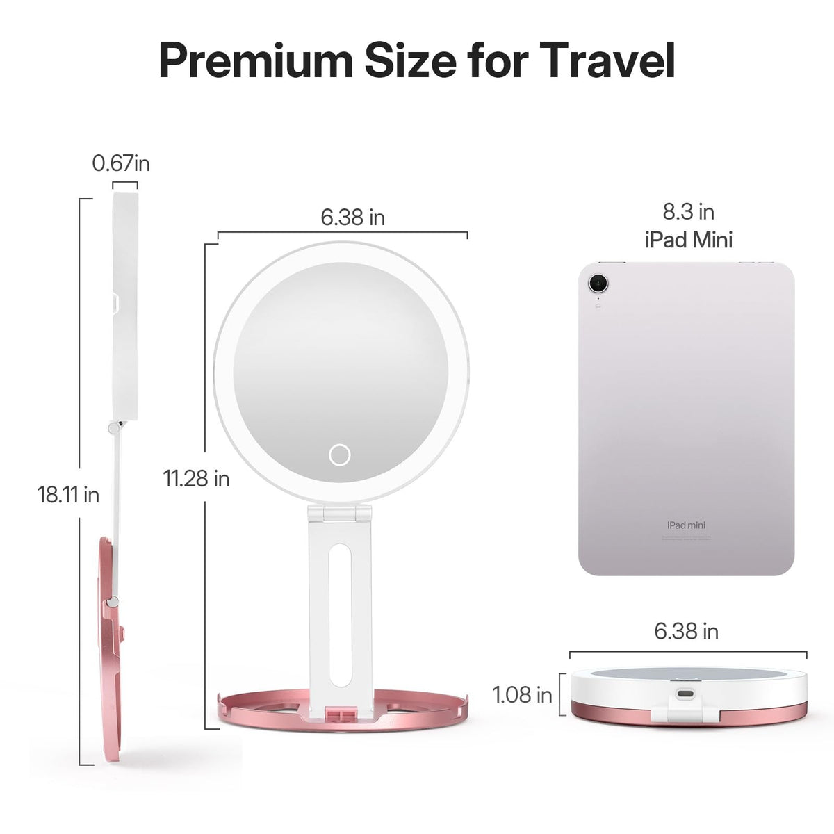 Travel Makeup Mirror with Lights, 10X/1X Double-Sided, Rechargeable & Foldable