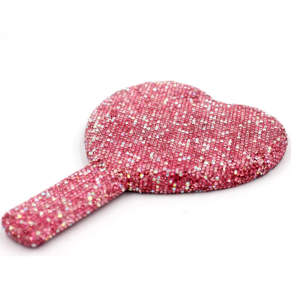 Pink Heart-Shaped Makeup Mirror with Rhinestones - Portable Handheld Cosmetic Mirror