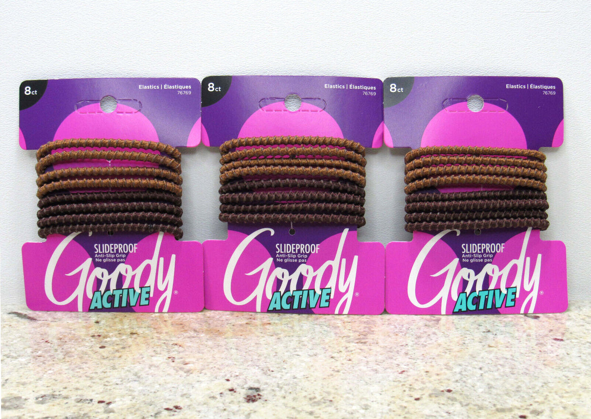 GOODY ELASTIC HAIR TIES 76769 BROWN BRUNETTE NON-SLIP (3) 8-PACKS -
