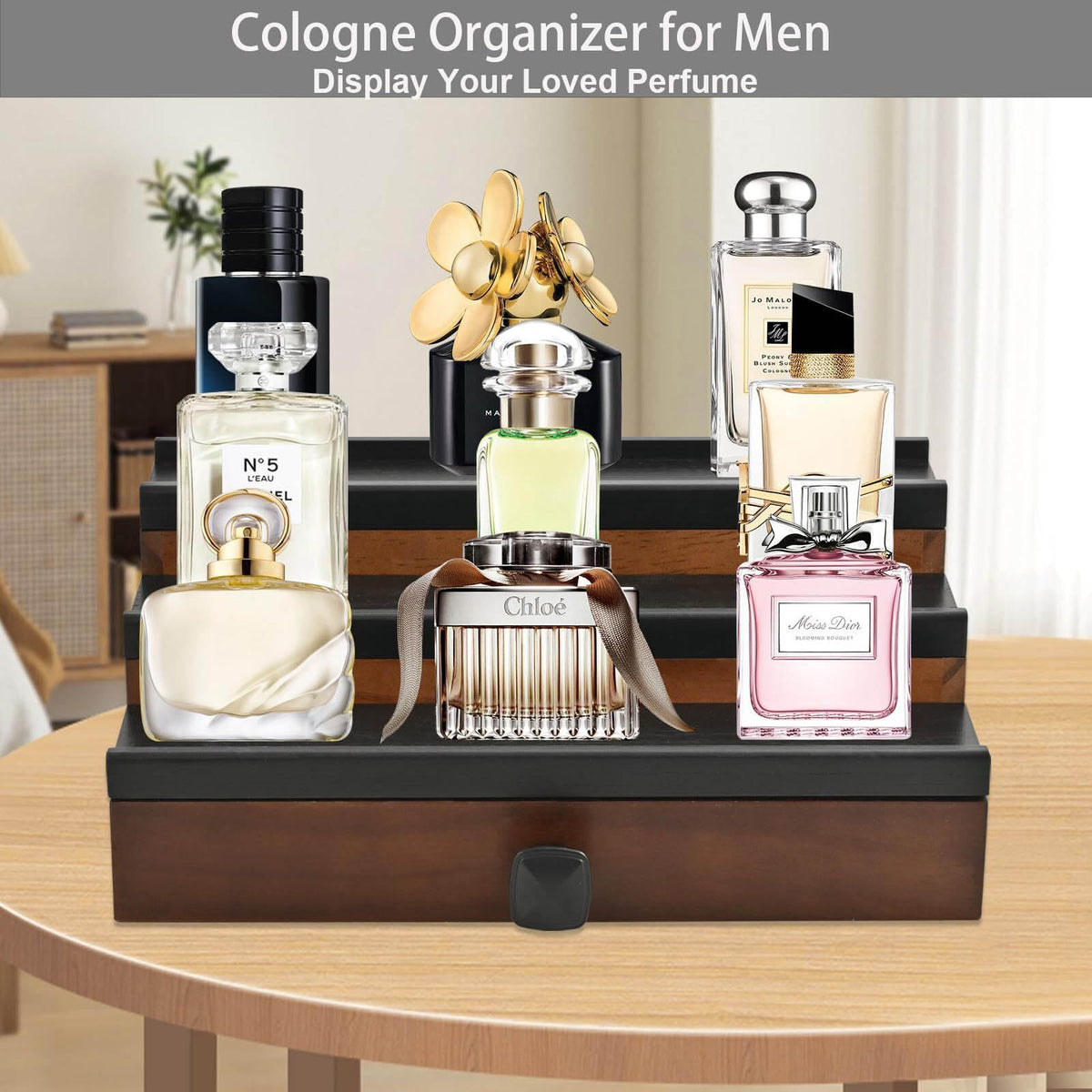 Wooden Cologne Organizer Stand for Men 3 Tiers with Drawer and Hidden Compartment
