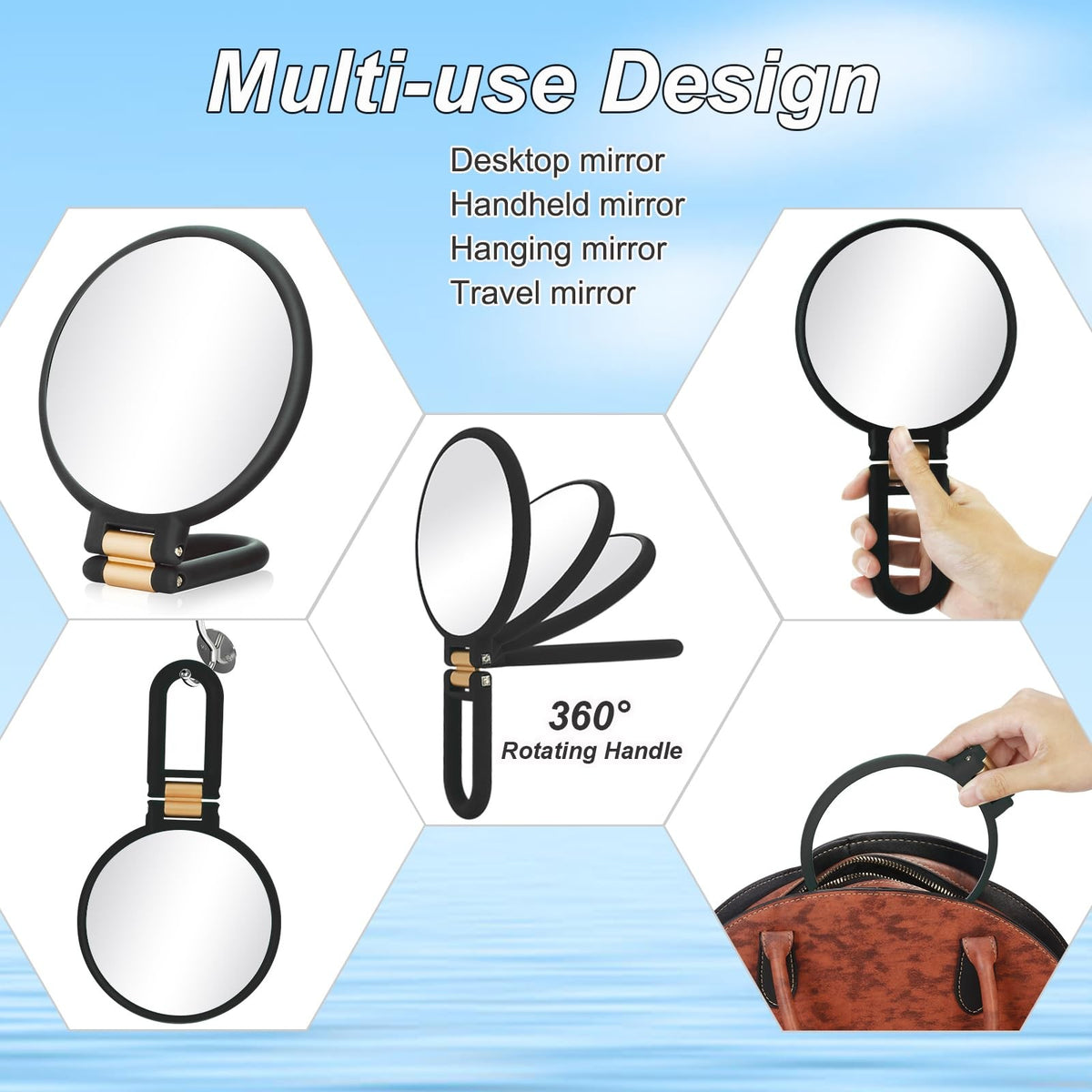 20x Magnifying Travel Handheld Mirror with Foldable Handle Black