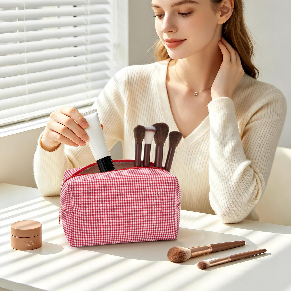 Red Gingham Makeup Bag Set - 4 Piece Cosmetic Organizer, Travel & Gift