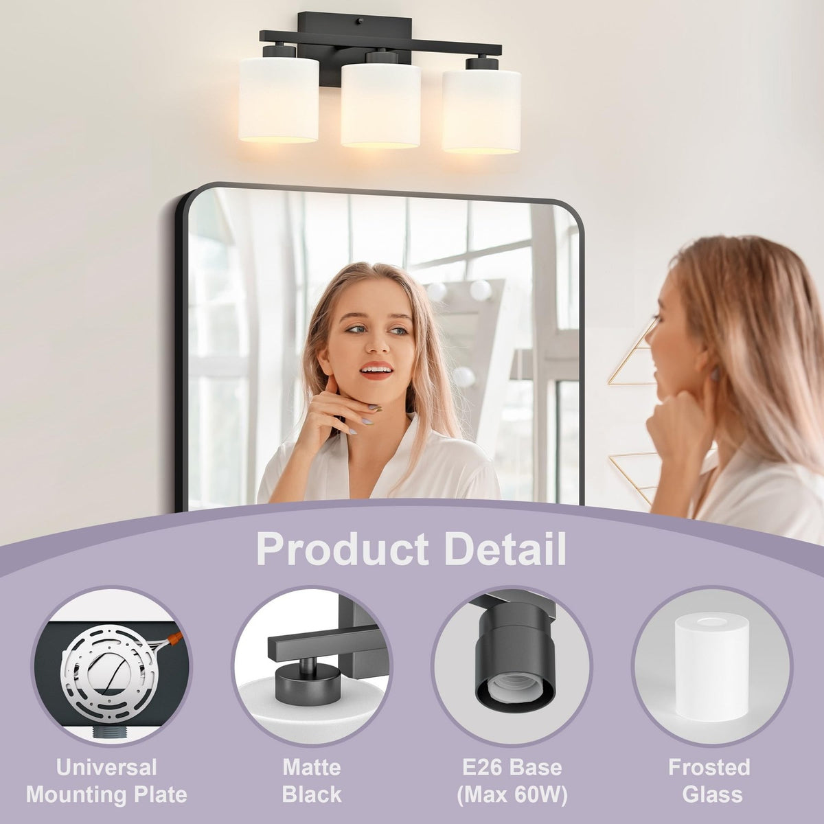 Black Bathroom Vanity Light Fixture - 3 LED Frosted Glass Wall Sconce