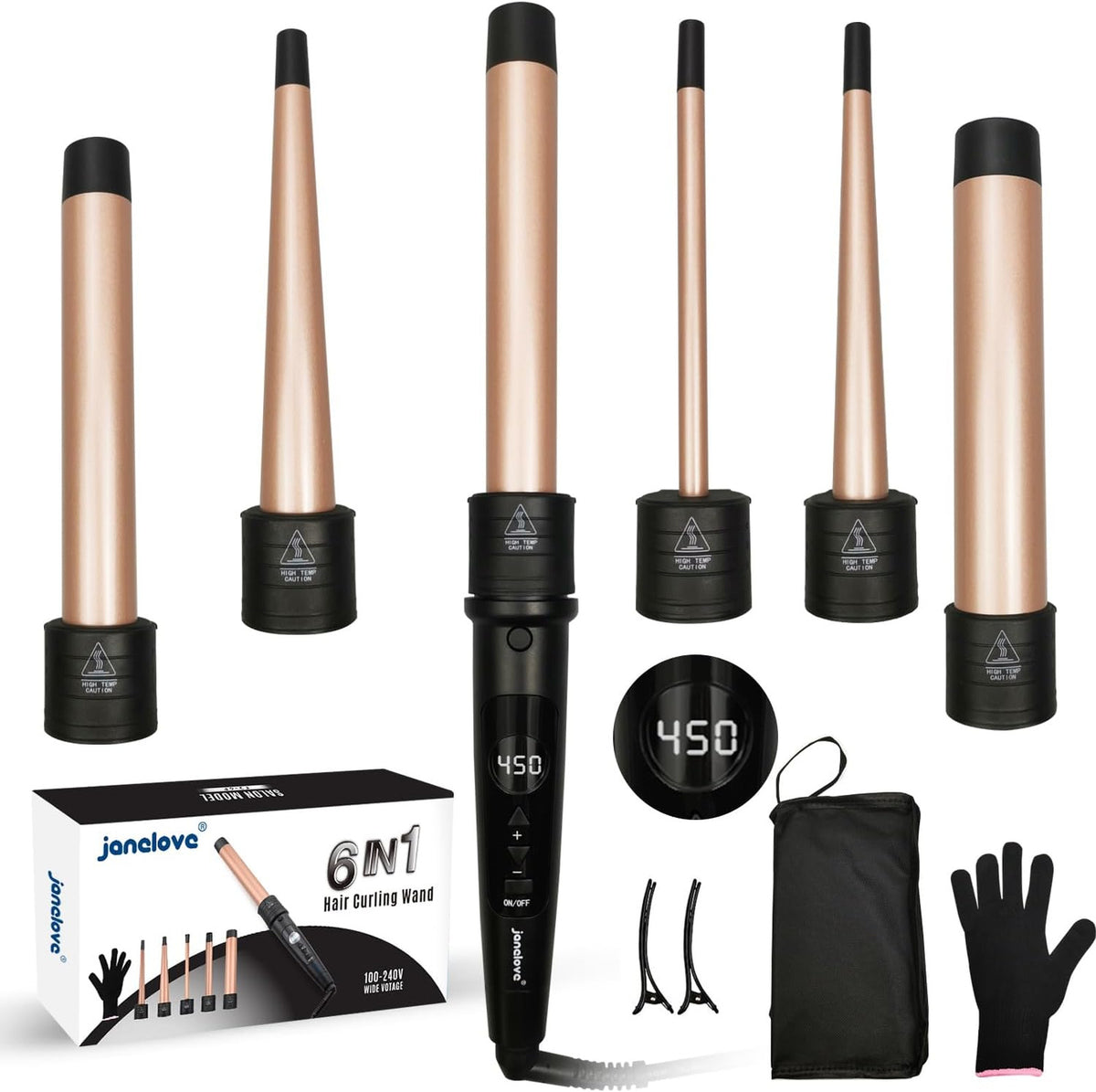 6-in-1 Ceramic Hair Curling Wand Set with Adjustable Temperature