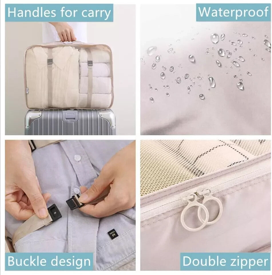 Travel Packing Cubes Set 8 Pieces with Toiletry & Shoe Bags - Beige