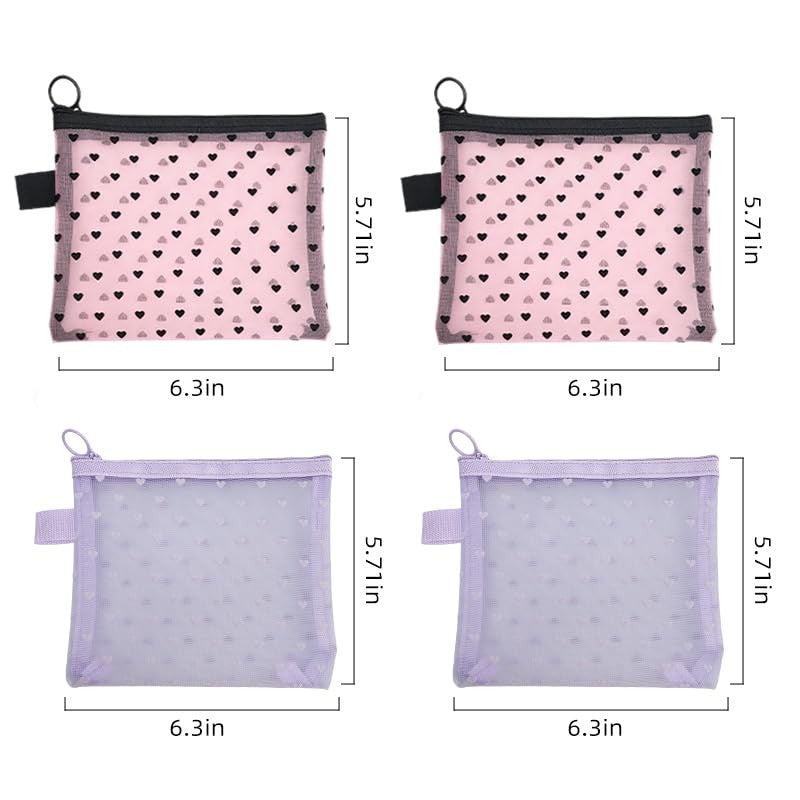 Heart Print Mesh Makeup Bags Set - 4 Pcs Cosmetic & Toiletry Organizer