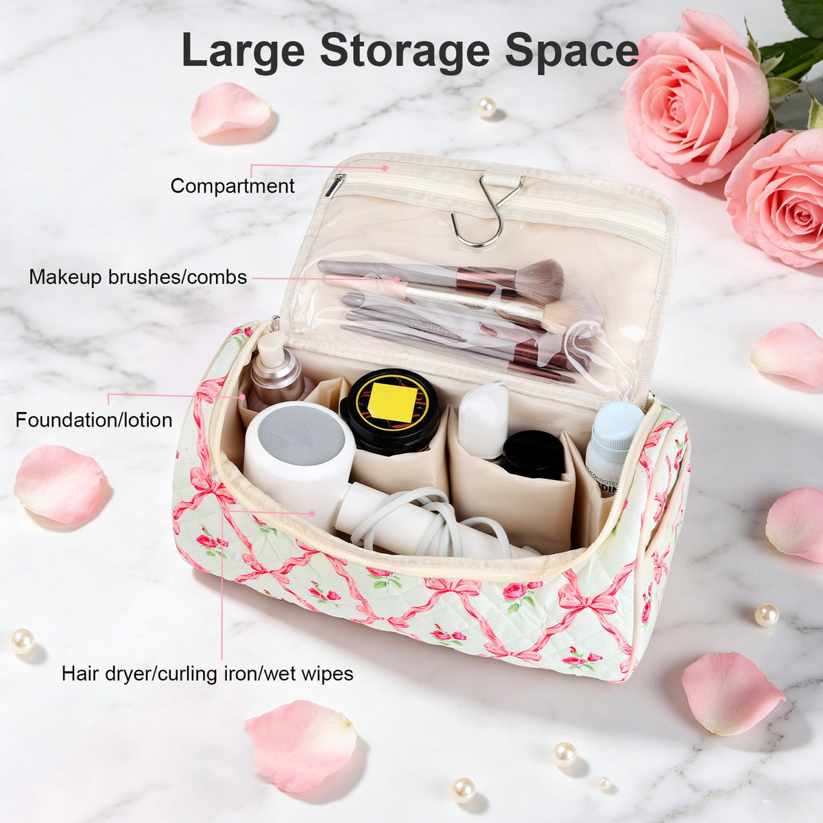 Pink Rose Travel Makeup Organizer Bag with 4 Pockets for Cosmetics & Toiletries