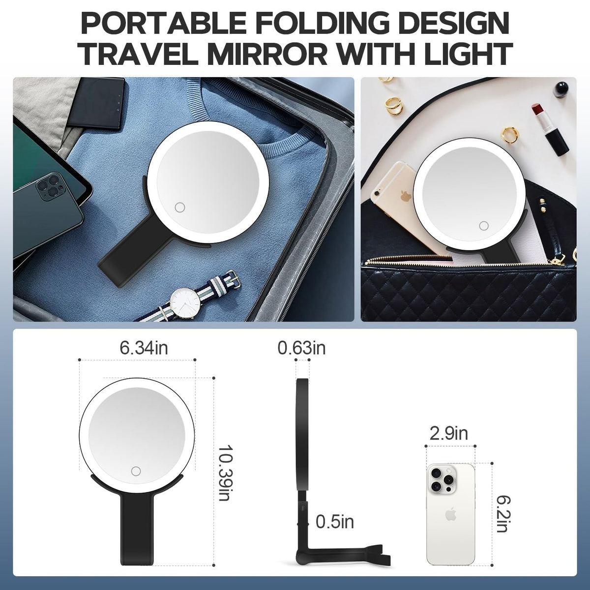 Lighted Makeup Mirror 30X Magnification with LED, Handheld & Hanging Black