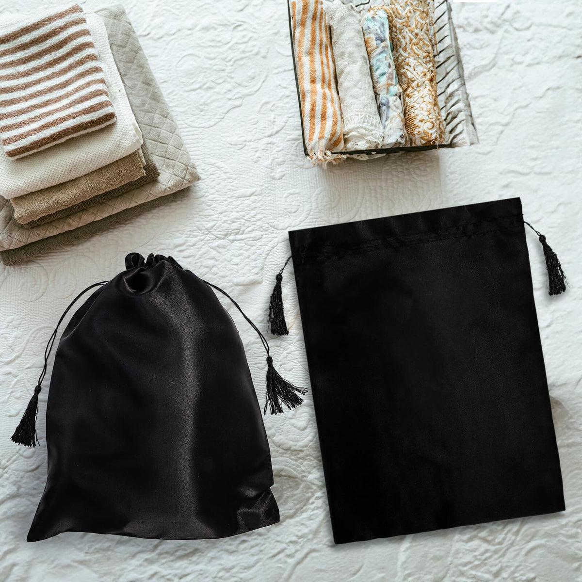 16 Pcs Satin Wig Bags Travel Storage Bags with Drawstring - Black
