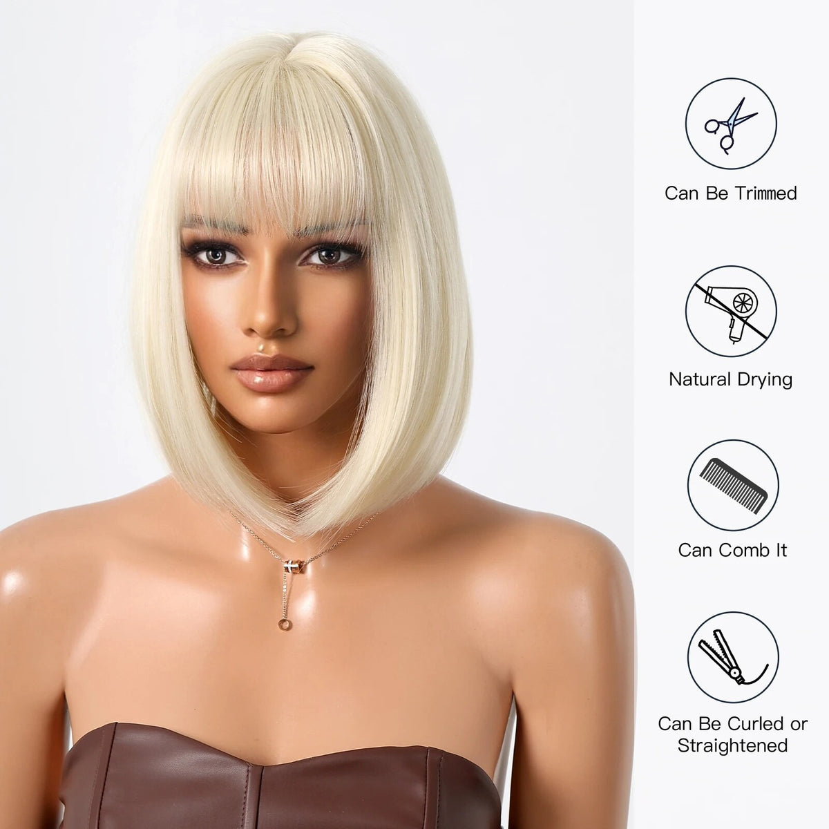 Heat Resistant Blonde Bob Wig with Bangs, Natural Straight Style