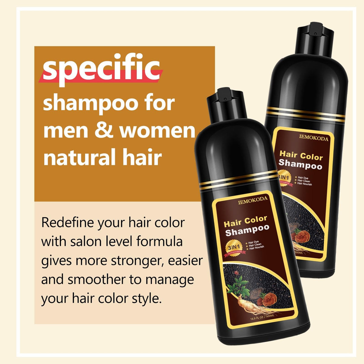 Instant Dark Coffee Hair Dye Shampoo for Gray Hair, 3-in-1 Formula