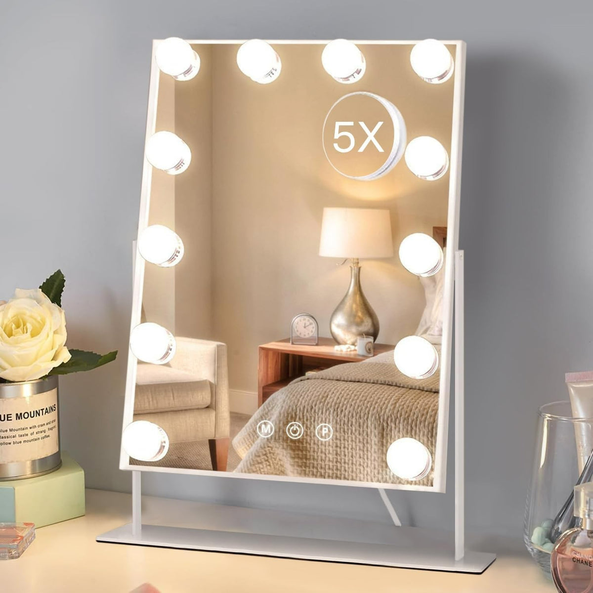 Tabletop Vanity Mirror with 5X Magnification & Adjustable LED Lighting