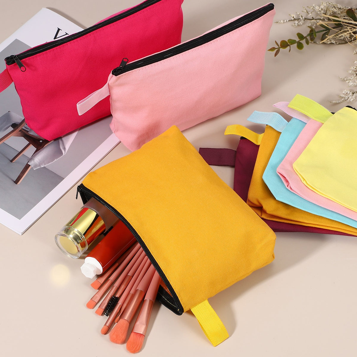 Cotton Canvas Makeup Bag Set - 8 Pcs Portable Cosmetic Organizer White
