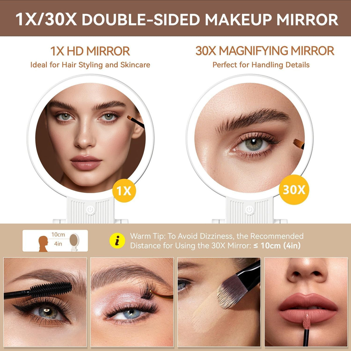 Double Sided Lighted Makeup Mirror with 30X Magnification and Dimmable Brightness