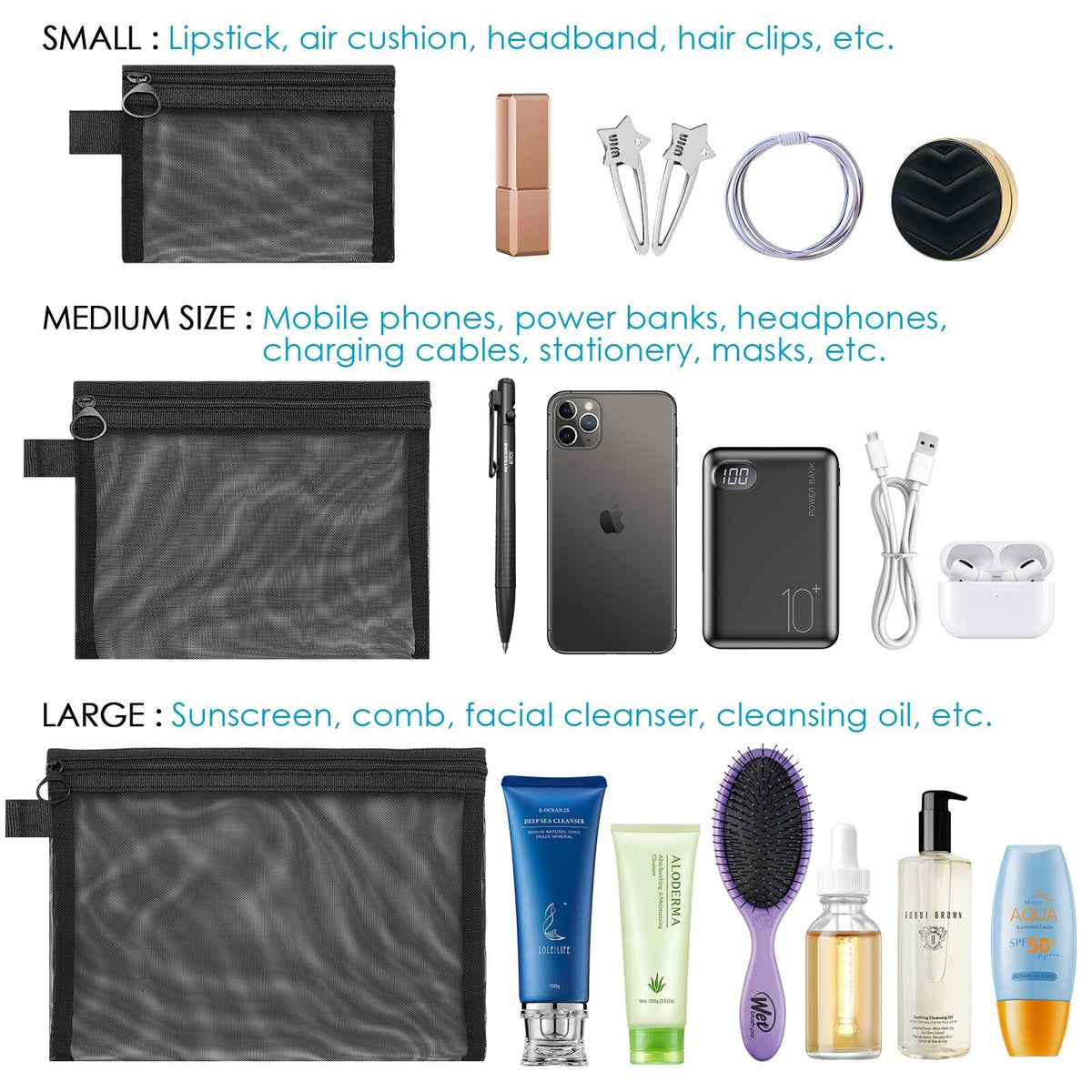 6 Pieces Mesh Cosmetic Bag Set - Lightweight Travel & Storage Pouches