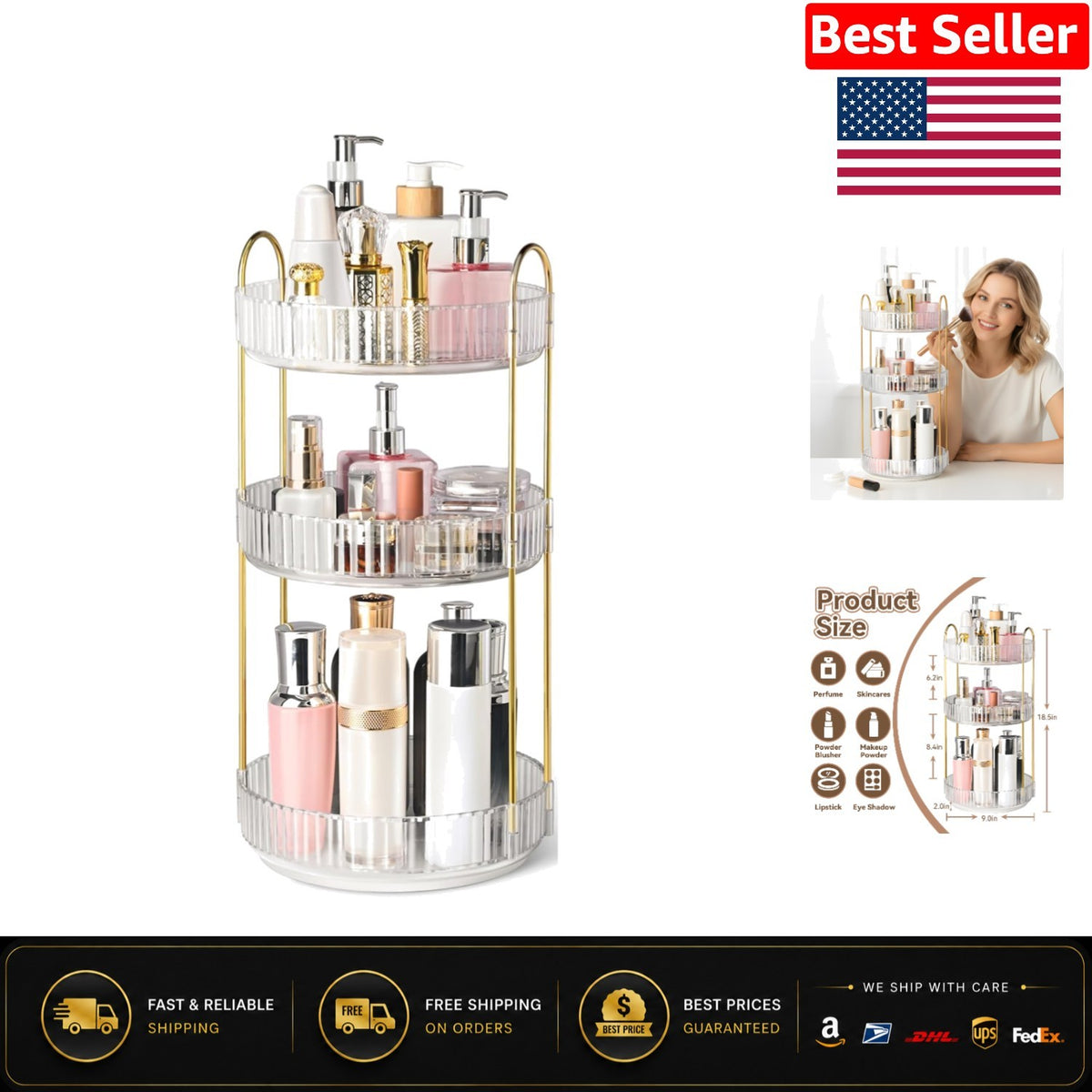 360° Rotating Makeup Organizer 3-Tier Vanity Storage Clear