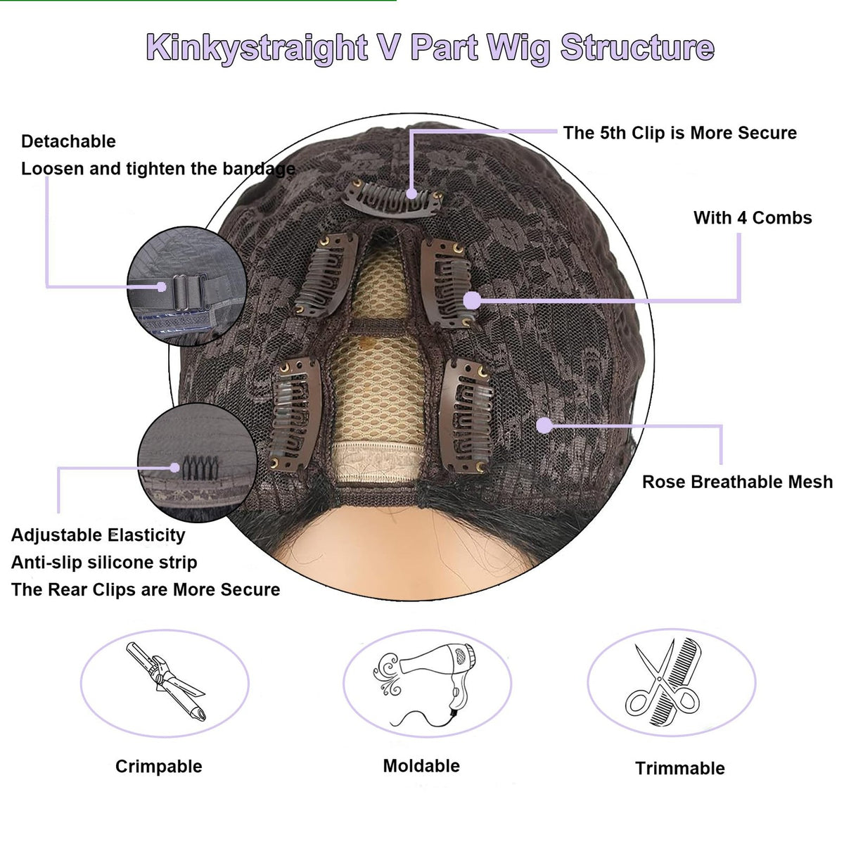 Human Hair Wigs 24 Inch V Part Kinky Straight Wig for Black Women - Natural Black, No Shedding