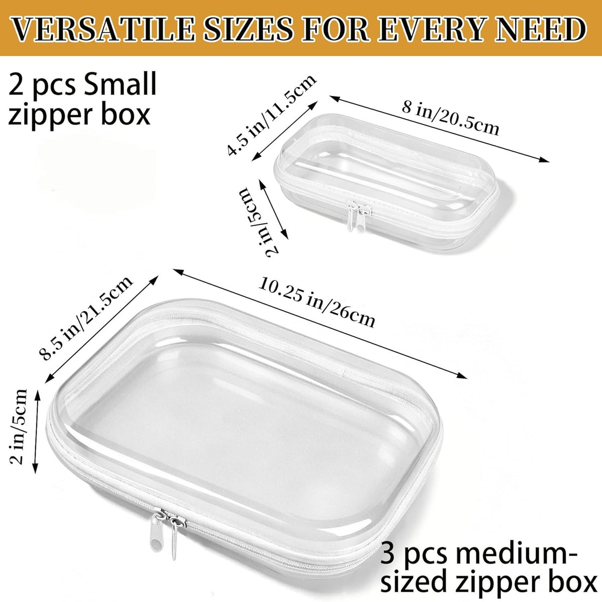 5-Pack Clear Hard Shell Zipper Cases with Lids - Large & Small Storage Pouches