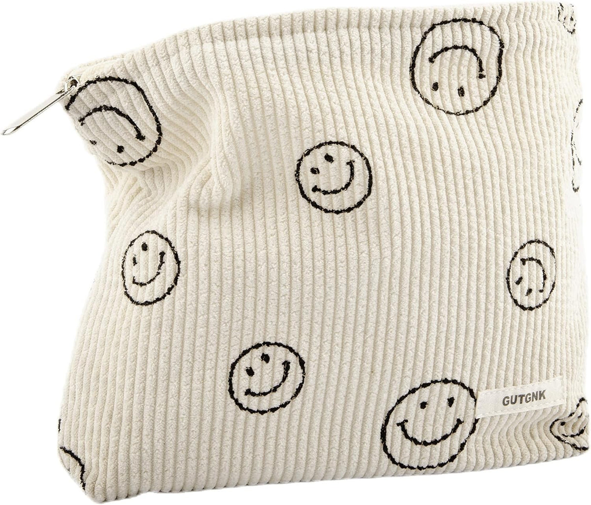 Corduroy Makeup Bag for Women - Aesthetic Ladies Tote with Smiling Faces