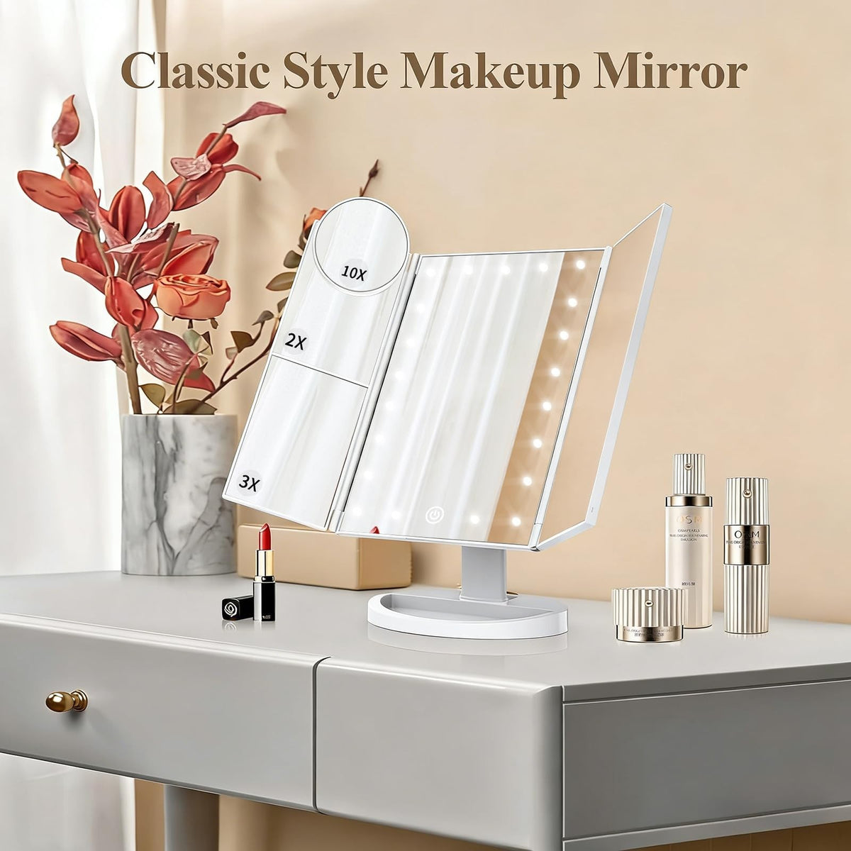 Lighted Trifold Makeup Mirror with 2X-10X Magnification and Touch Dimming