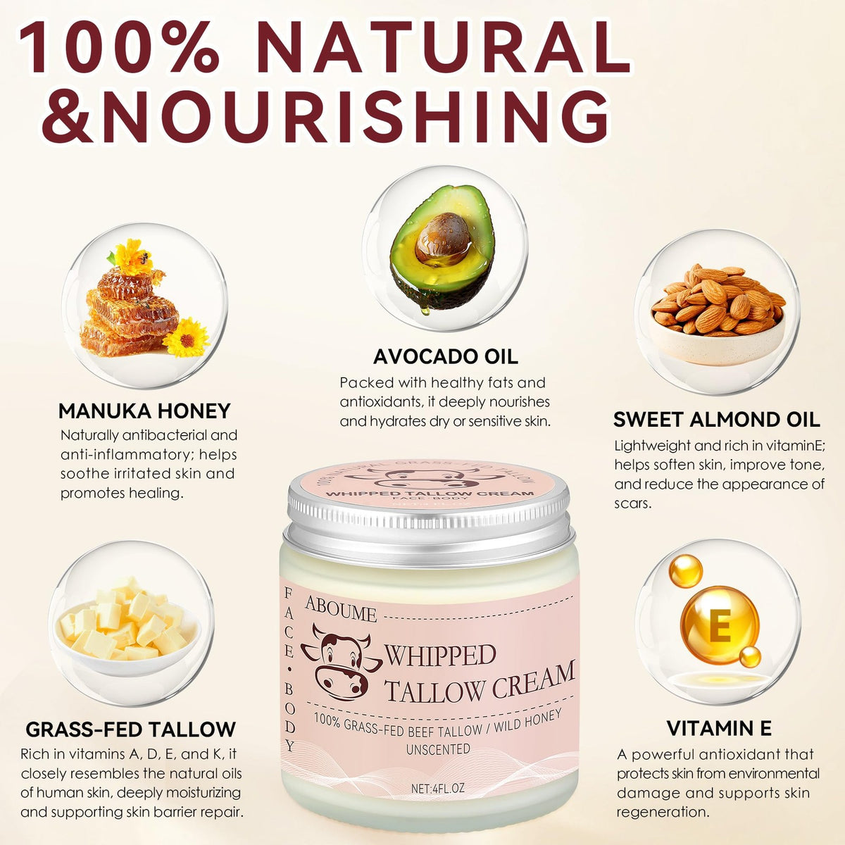 Beef Tallow Skin Moisturizer - 100% Grass-Fed Whipped Face & Body Balm, 4 Fl Oz