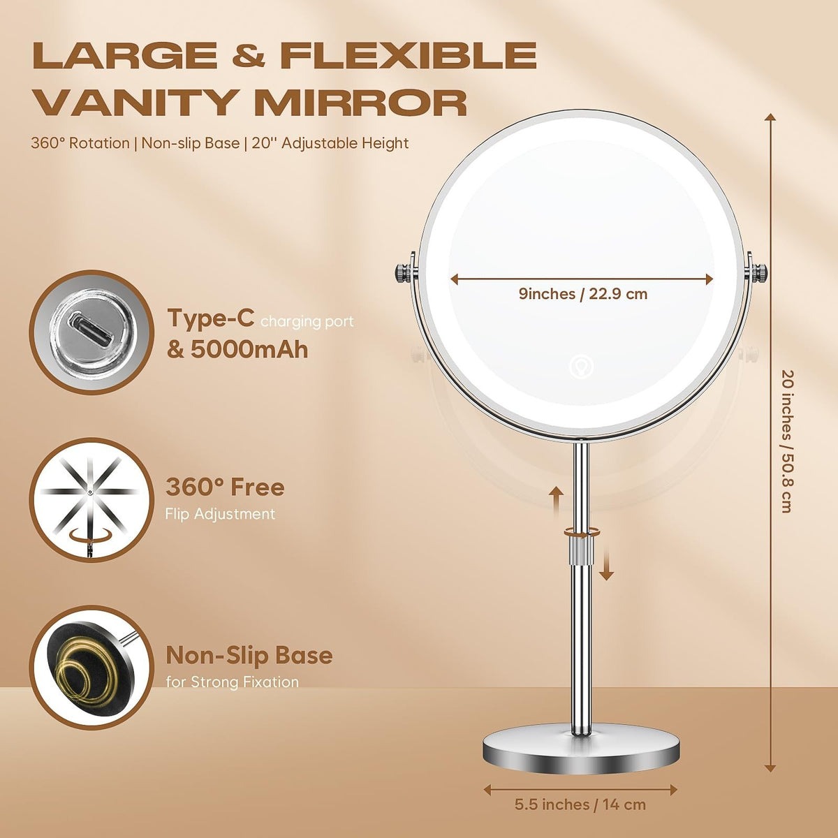 Lighted Makeup Mirror with 1X/20X Magnification, 360° Rotation, Rechargeable LED