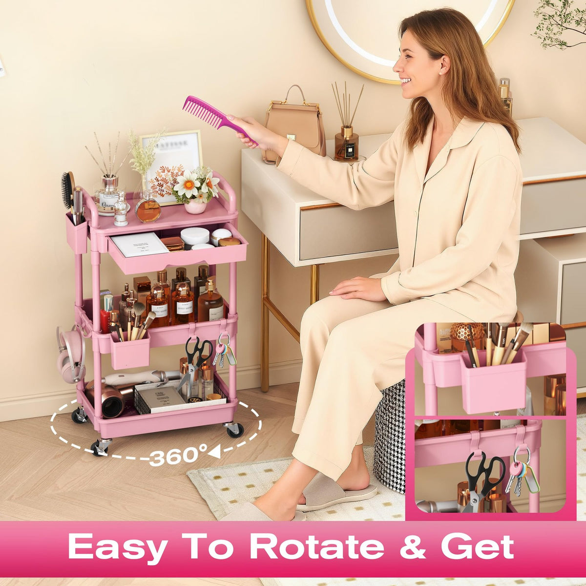 Pink 3-Tier Rolling Makeup Organizer Cart with Removable Drawer