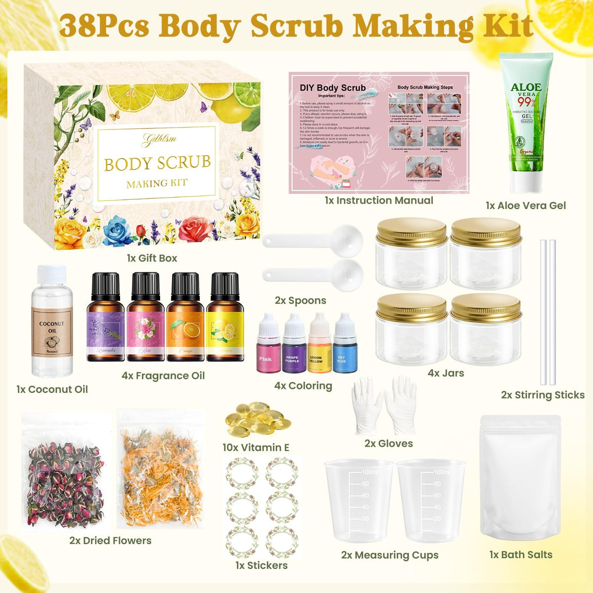 DIY Body Scrub Making Kit with Salt, Fragrance Oils & Dried Flowers