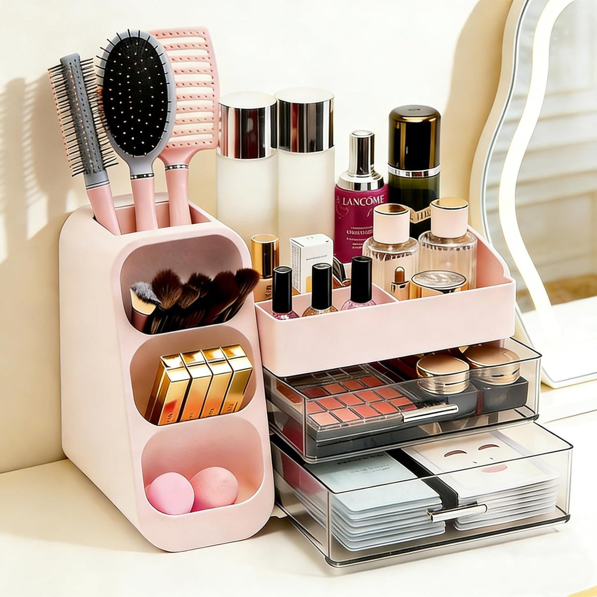 Pink Makeup Organizer with Drawers and Brush Holders for Vanity and Bathroom
