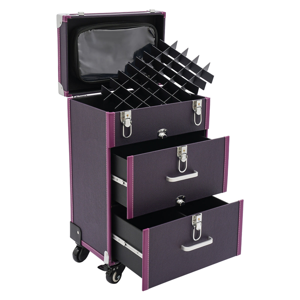 Rolling Makeup Train Case with Large Capacity and Locking Latches