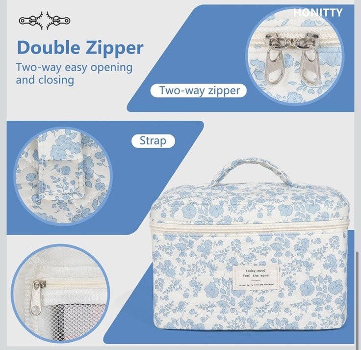 3-Piece Quilted Floral Cosmetic and Travel Bag Set - The Jolly House