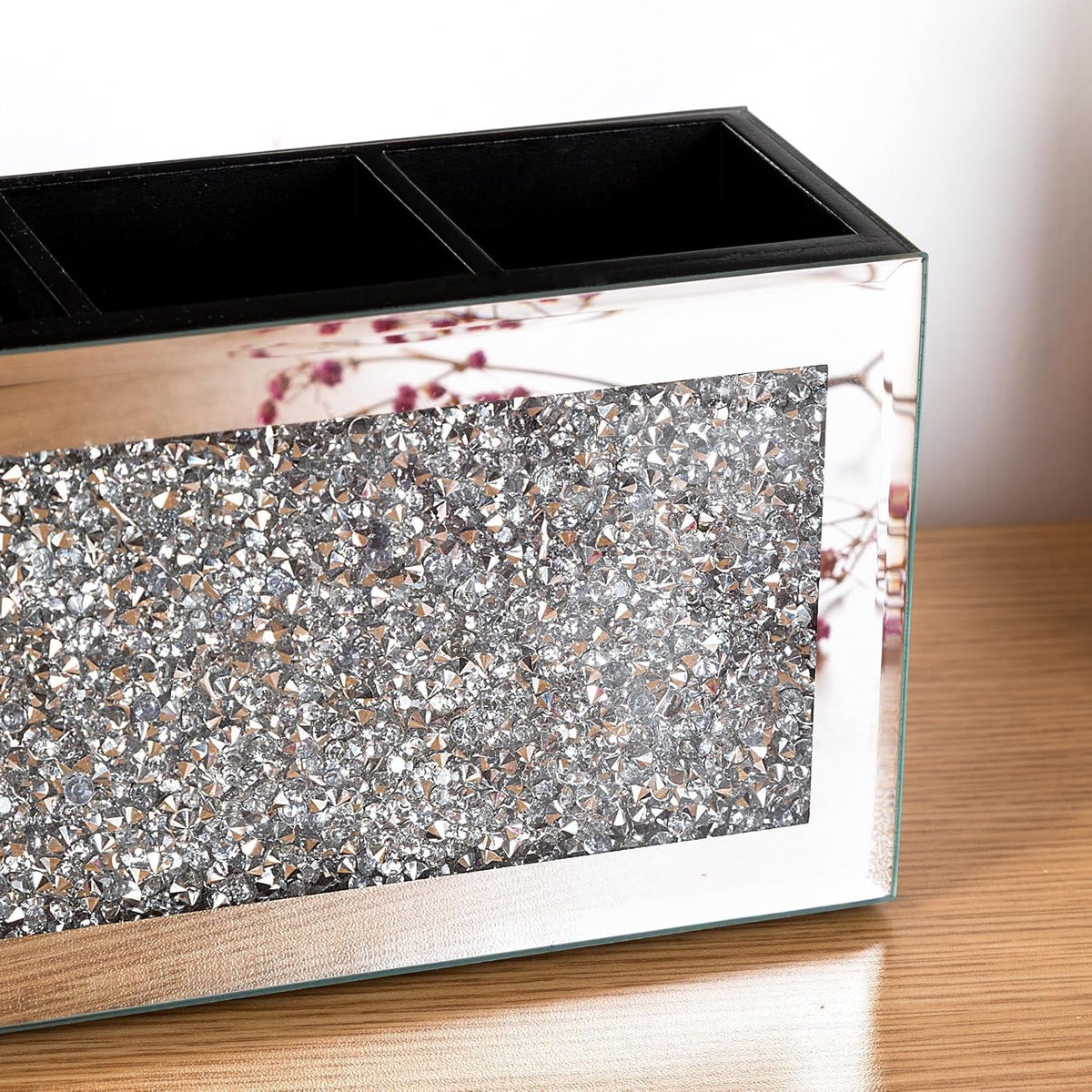 Mirrored Makeup Brush Holder Organizer with Crushed Diamond - 3 Slots