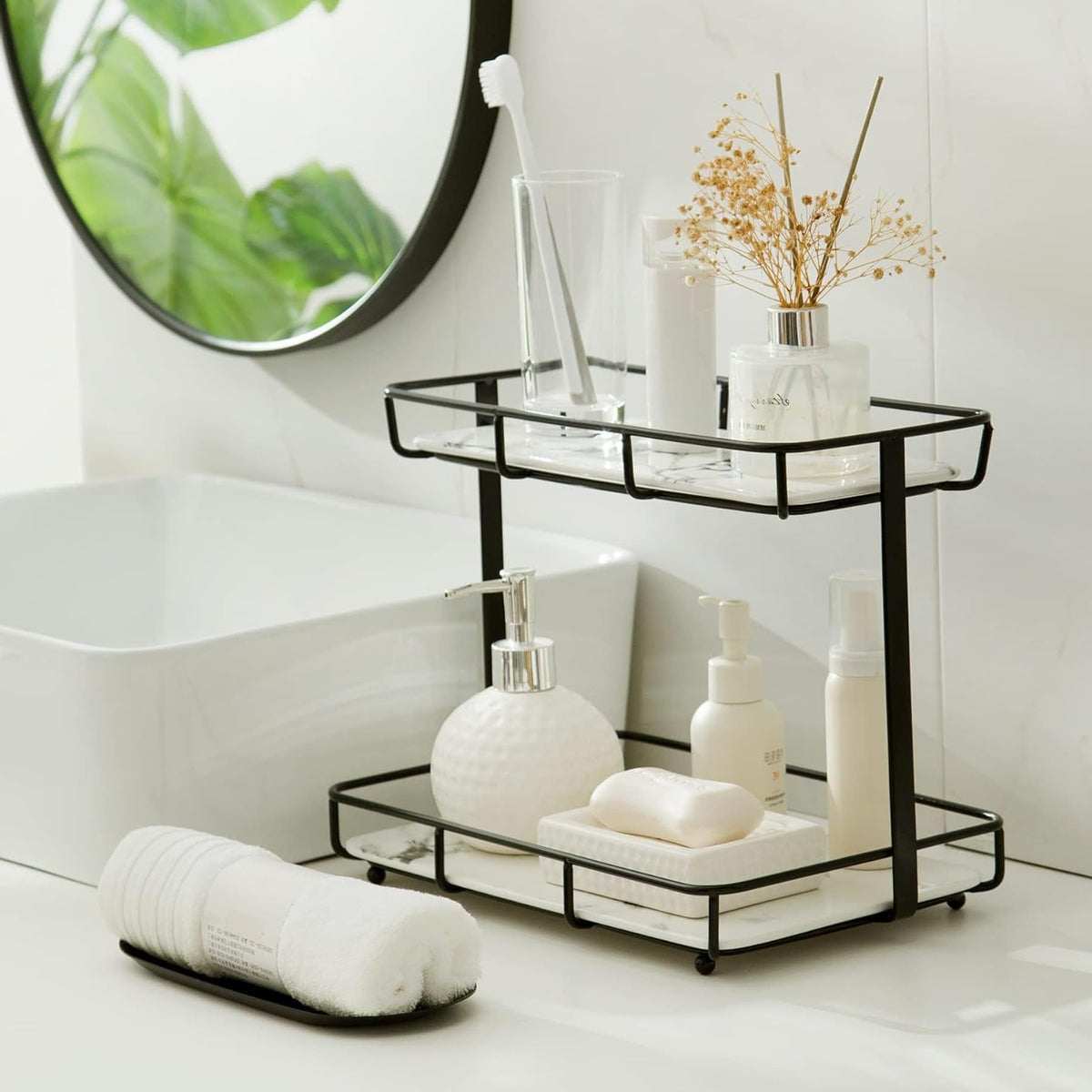2-Tier Marble Finish Cosmetic Display Shelf with Ceramic Trays