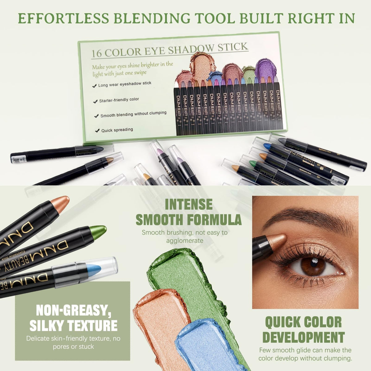 16-Color Waterproof Eyeshadow Stick Set - Glitter & Matte Creamy Eye Makeup