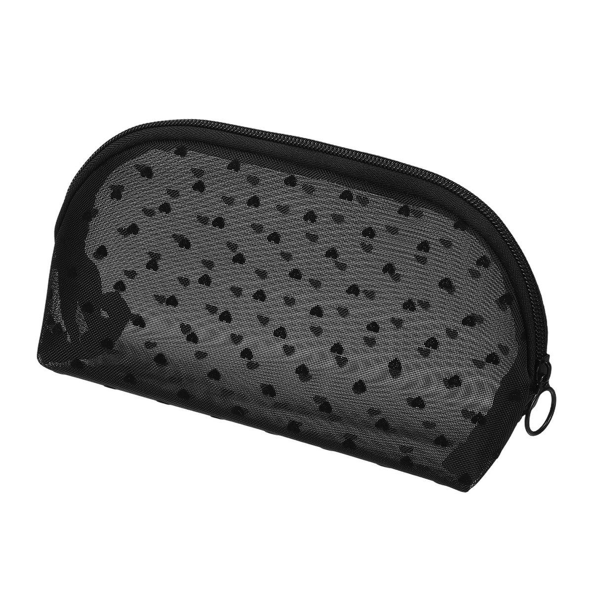 Black Mesh Makeup Bag with Heart Print - Portable Cosmetic Organizer