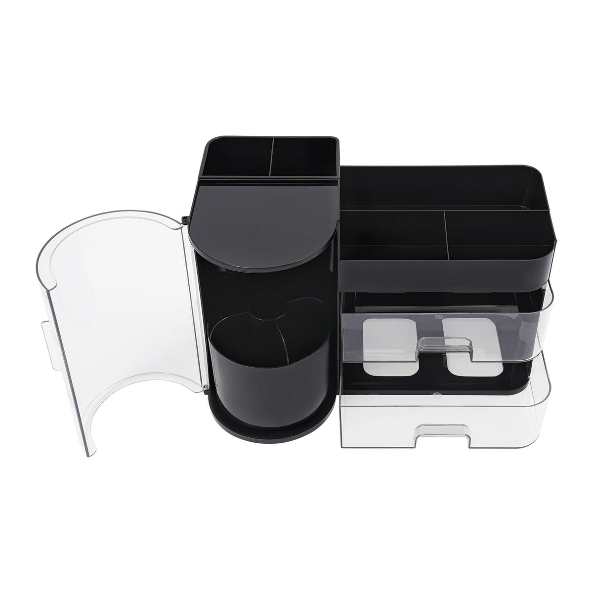 Rotating Makeup Organizer with Drawers & Brush Holder - Black