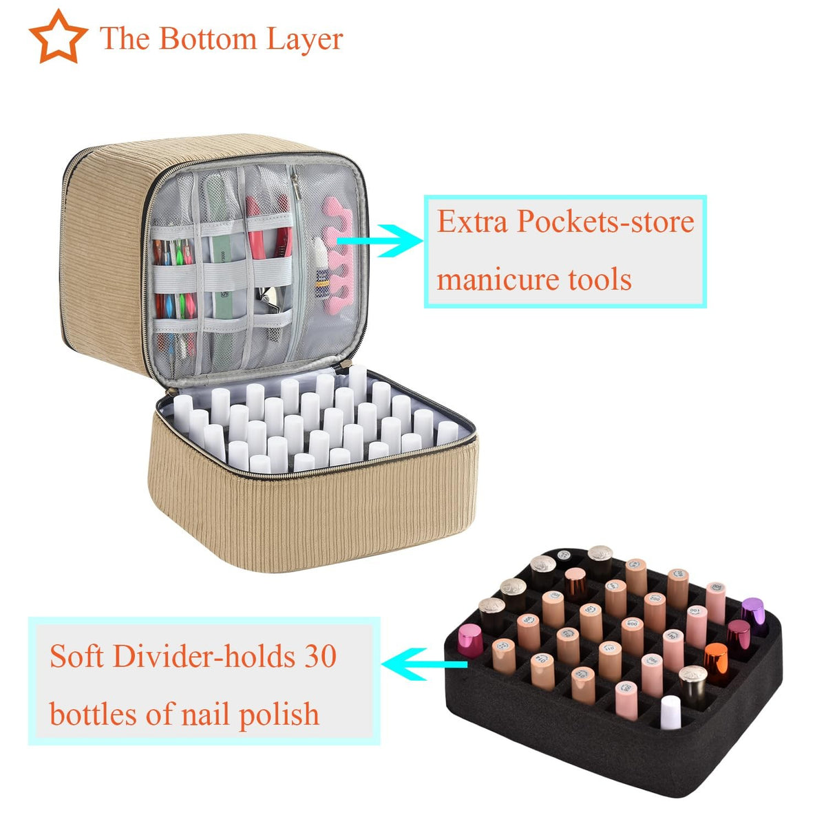 Corduroy Nail Polish & Manicure Tool Organizer Case for 30 Bottles - Brown