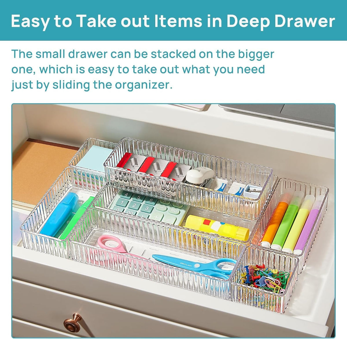Clear Makeup Drawer Organizer Bins Set - 7 Pieces, 4 Sizes, Stackable Vanity Storage