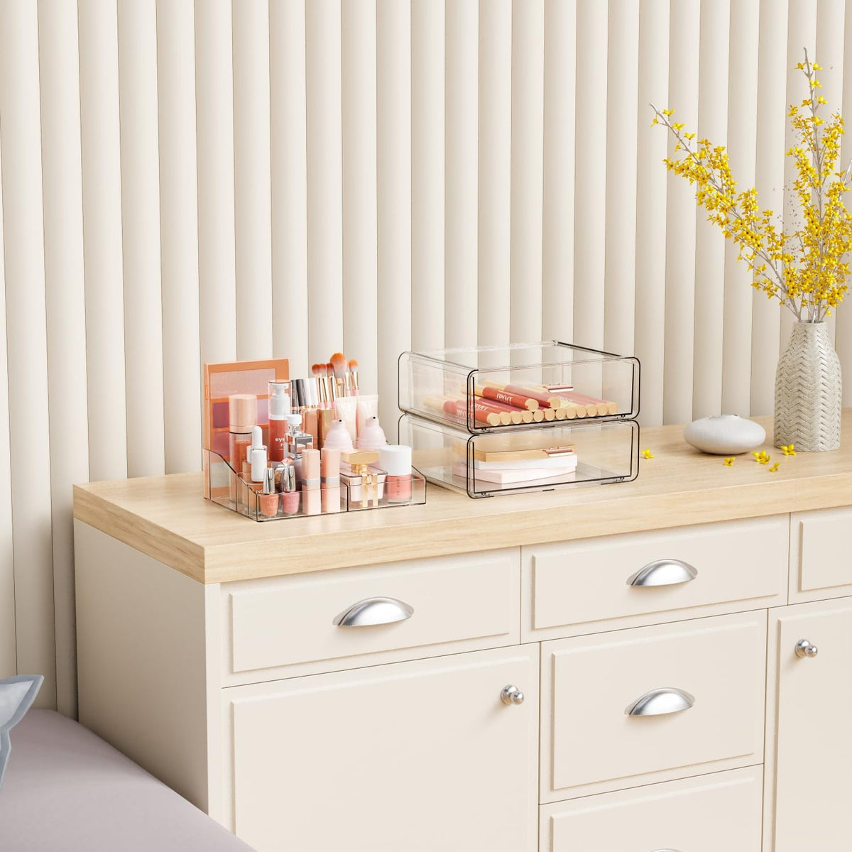 Acrylic Makeup Organizer with 2 Drawers and 8 Compartments, Countertop Storage