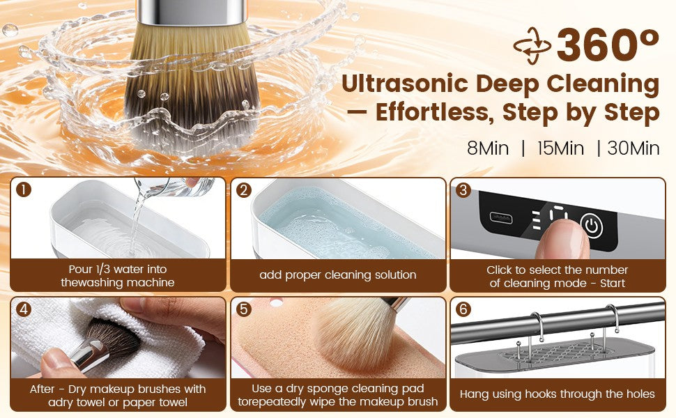 Ultrasonic Makeup Brush Cleaner Machine, 45KHz USB Rechargeable, 3 Timer Modes
