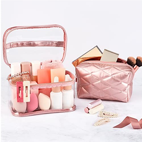 Pink Makeup Train Case Set with Clear Walls and Organizer