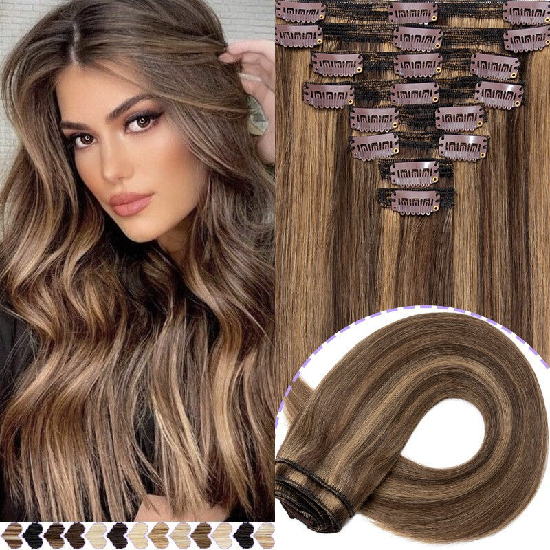 Remy Human Hair Extensions Clip-In Set – Medium Brown Mix Dark Blonde 26 Inch, 8 Pieces, Shedding-Free, Natural Look