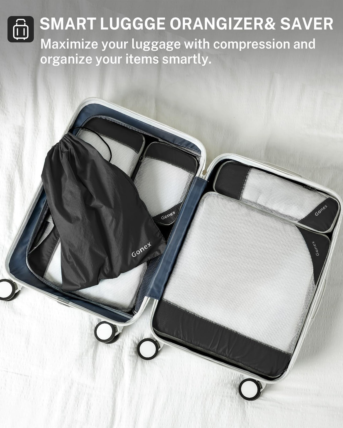 Gonex 6-Piece Packing Cubes Set with Laundry Bag – L, M, S, XS, Slim