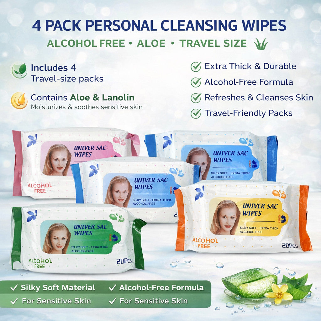 Personal Cleansing Wipes - Alcohol-Free Travel Size with Aloe & Lanolin - 4 Pack