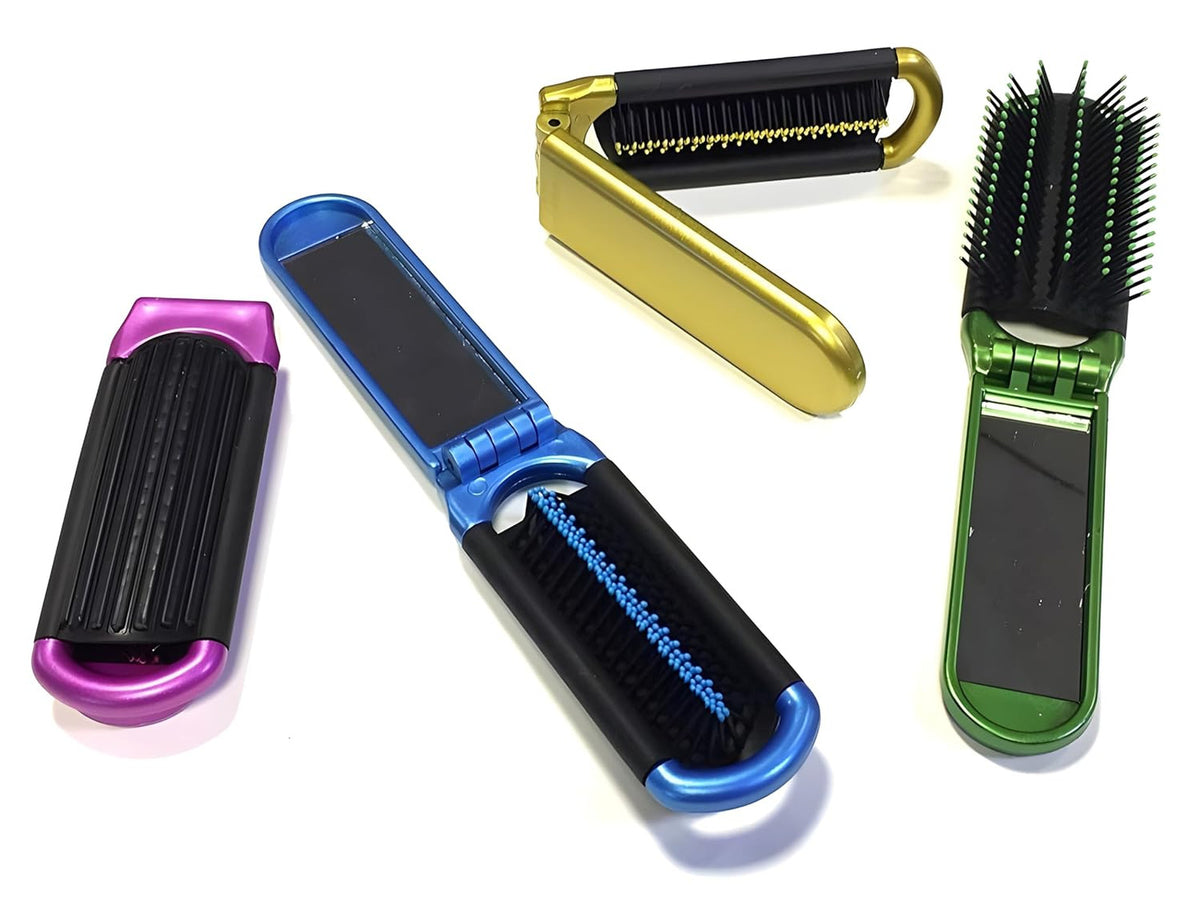 Travel Folding Hair Brush with Mirror - Compact Styling Brush Set